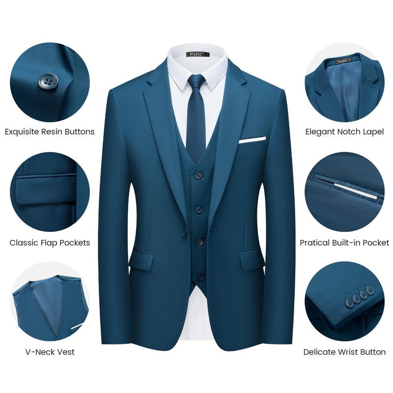 WULFUL Menâ€™s Slim Fit Suit One Button 3-Piece Blazer Dress Business Wedding Party Jacket Vest & Pant Teal Blue - Image 5